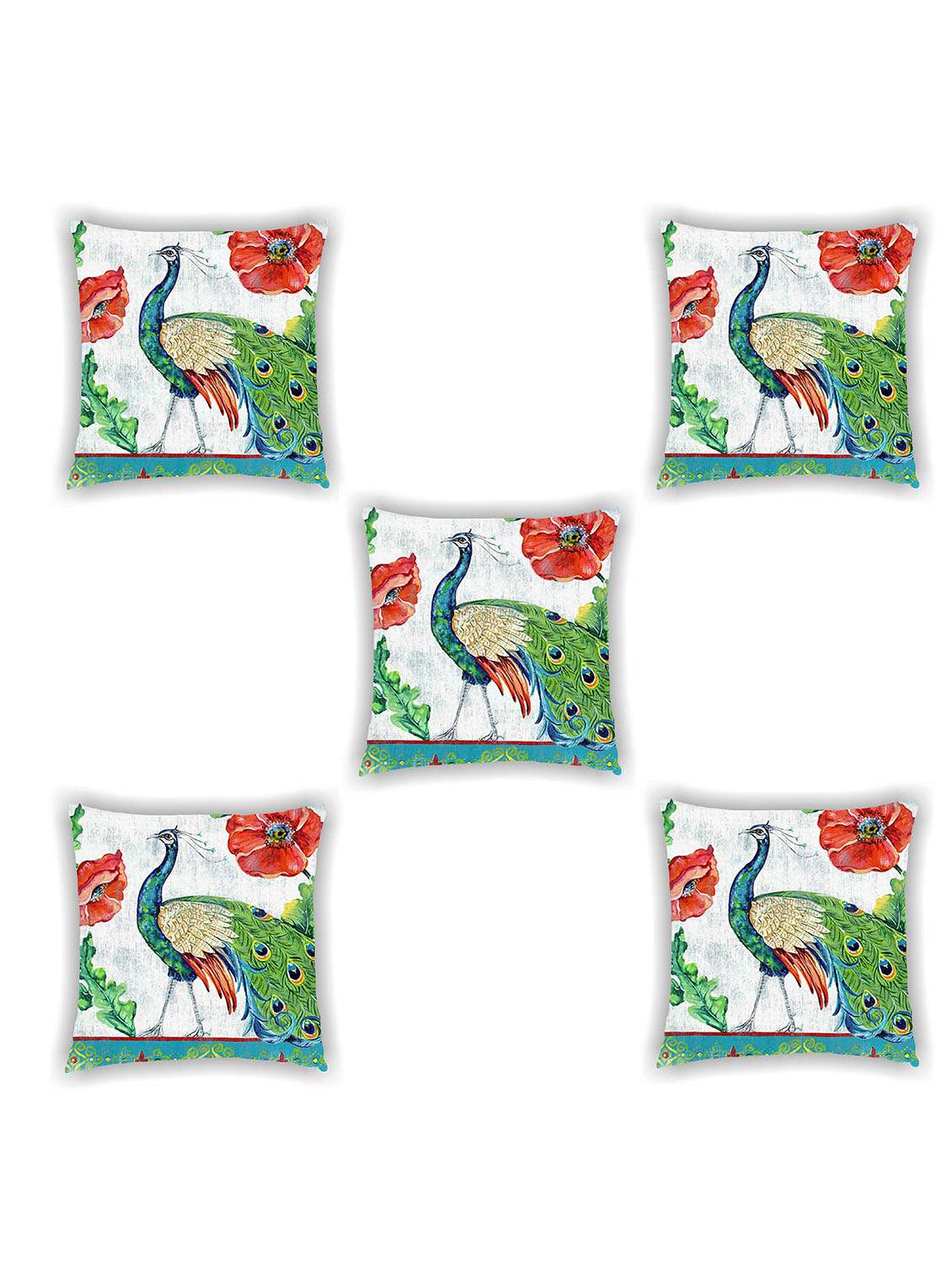 multi coloured satin peacock print cushion cover (set of 5) - 11155240 -  Zoom Image - 0