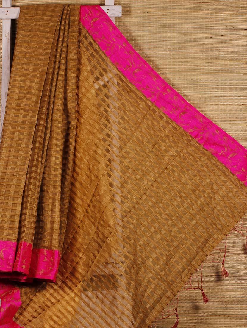 Beige Chequered Cotton Silk Handloom Saree - Dharitri's Choice