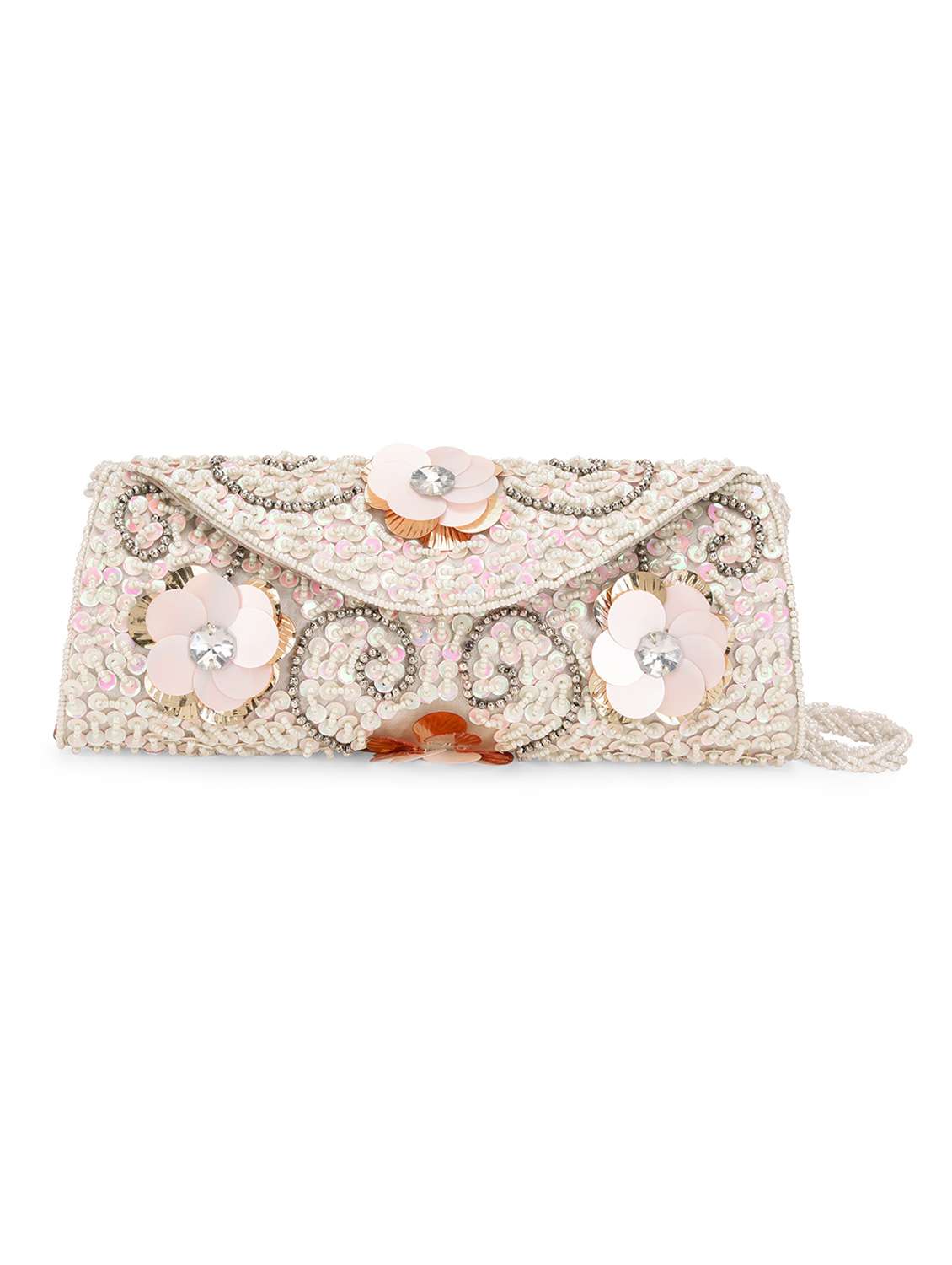ivory sequin embellished satin clutch