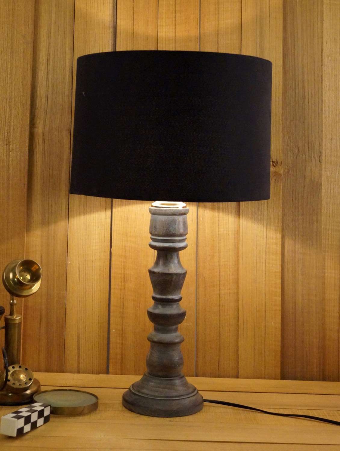 grey mango wood table lamp with drum shade