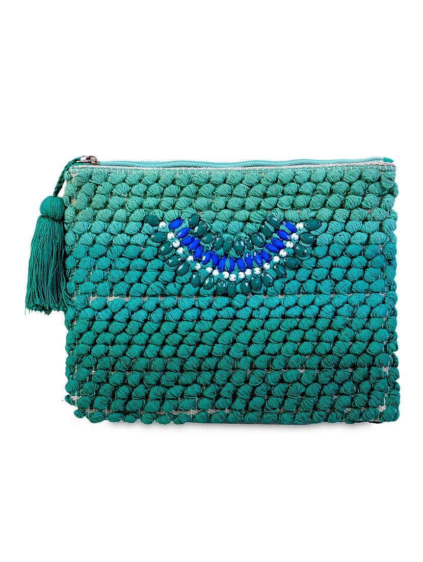 pom-pom embroidered pouch with tassels