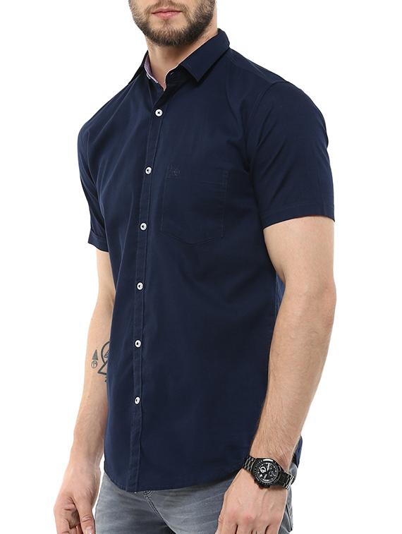 solid navy blue cotton casual shirt - 11216504 - Standard Image - 1