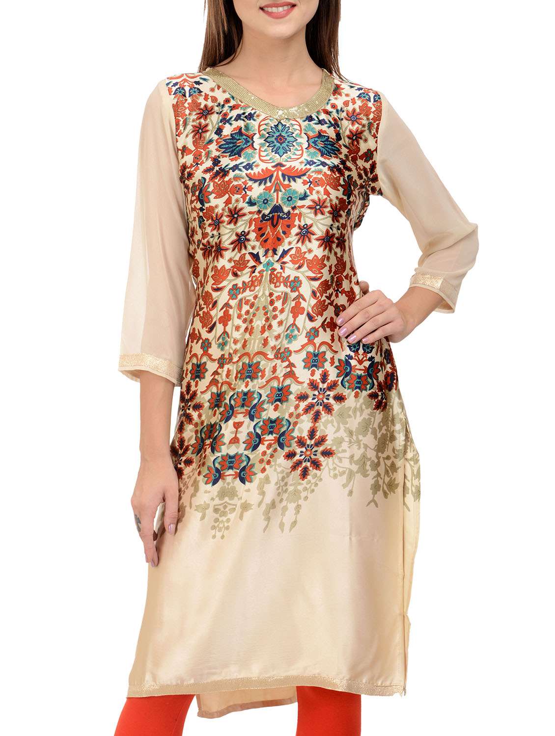 beige satin kurta