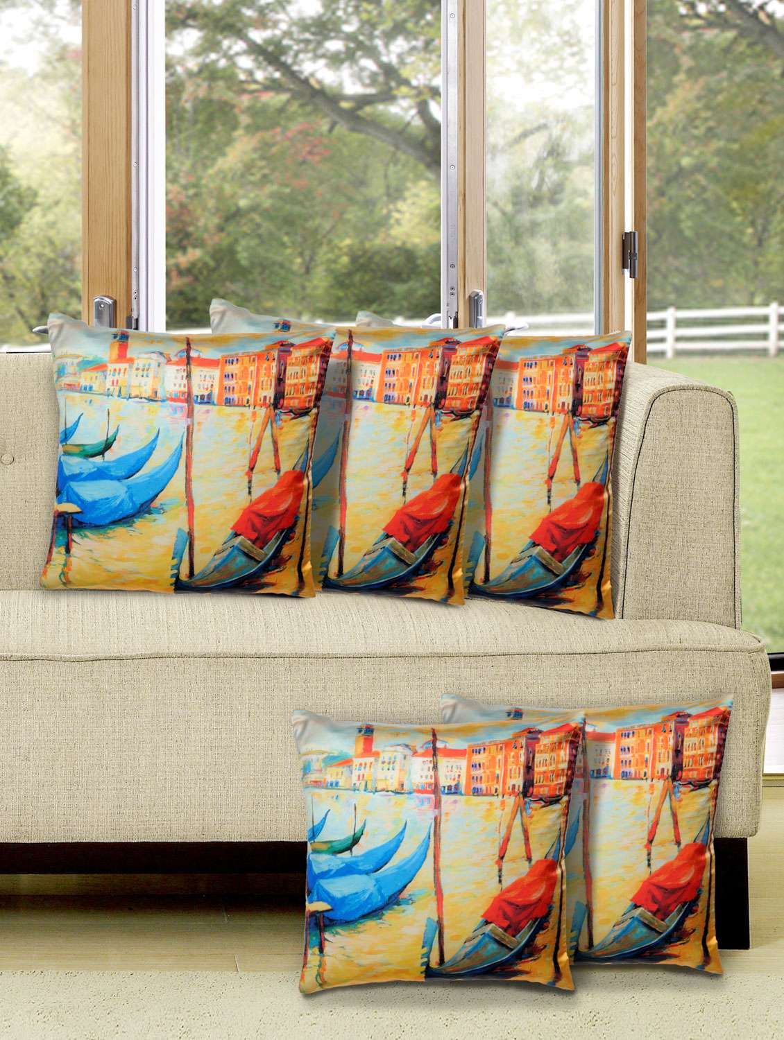 multicoloured poly silk printed cushion cover (set of 5)