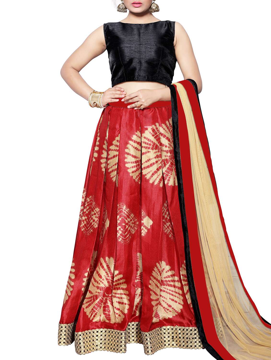 red silk flared lehenga