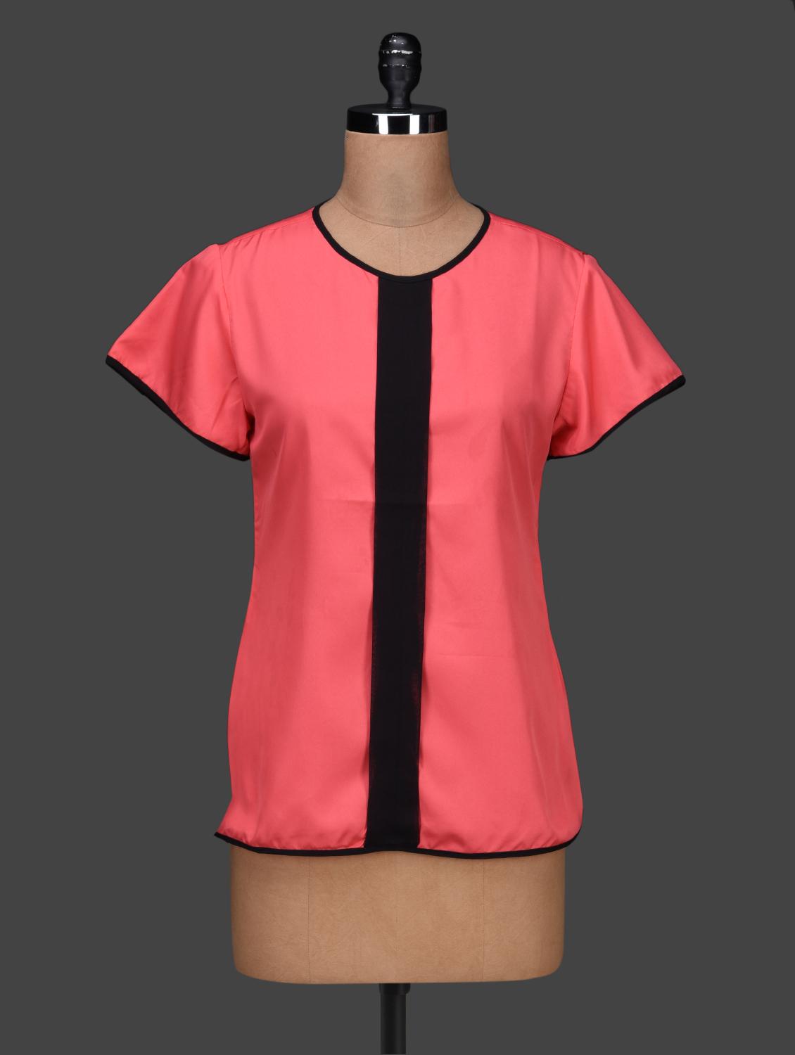 Round Neck Short Sleeves Pink Crepe Top - PANIT