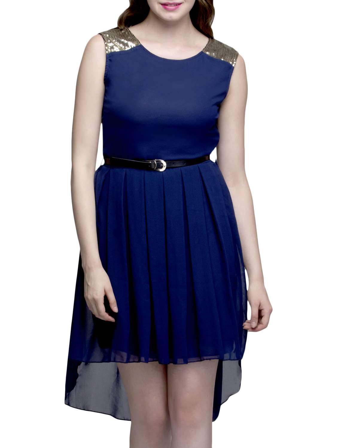 belted high-low sequin dress