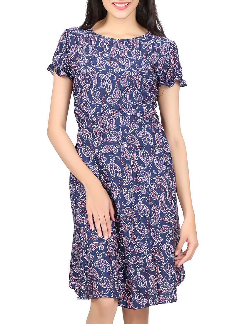 blue crepe belted dress