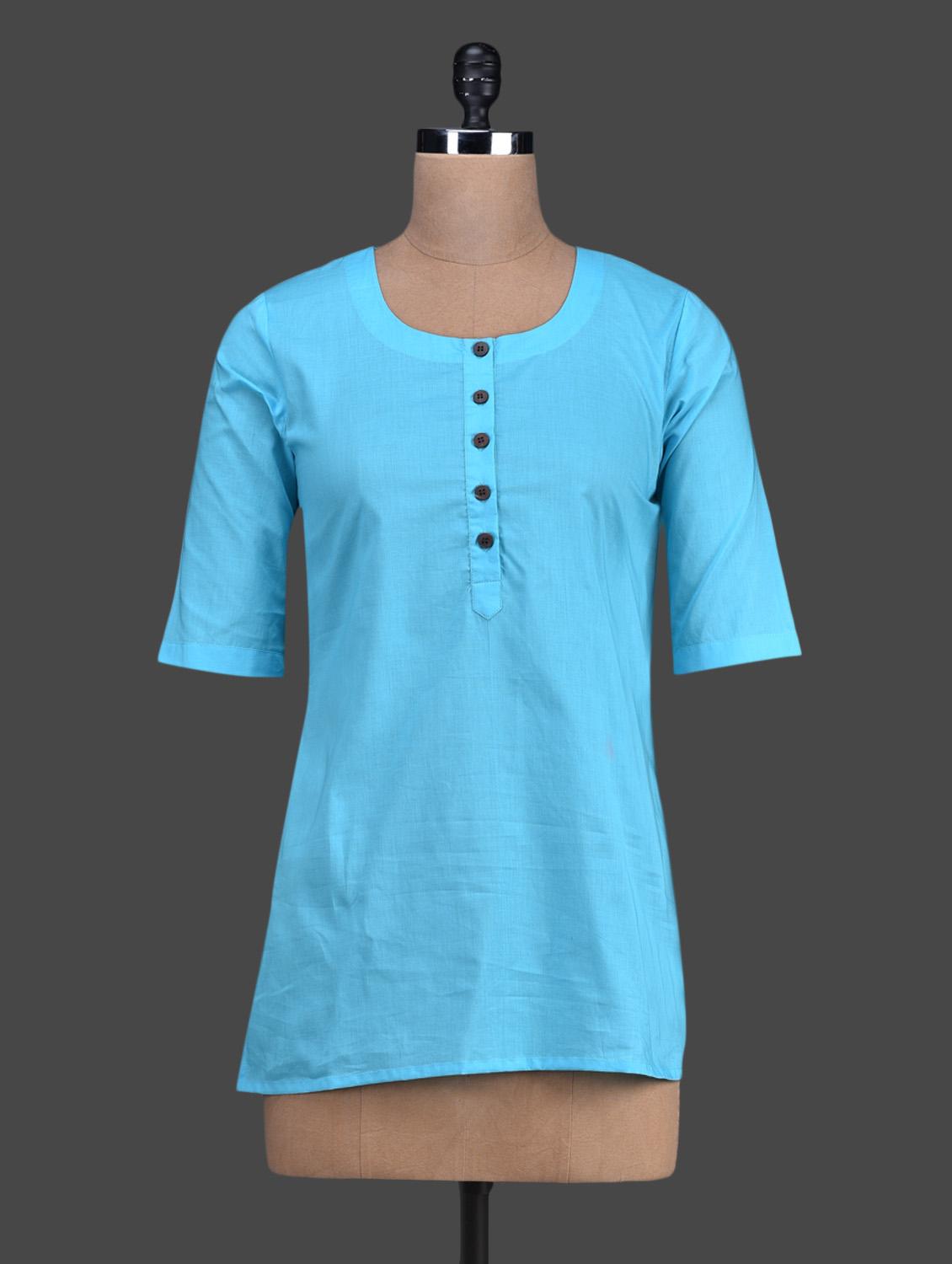 Turquoise Blue Round Neck Cotton Top - Titch Button