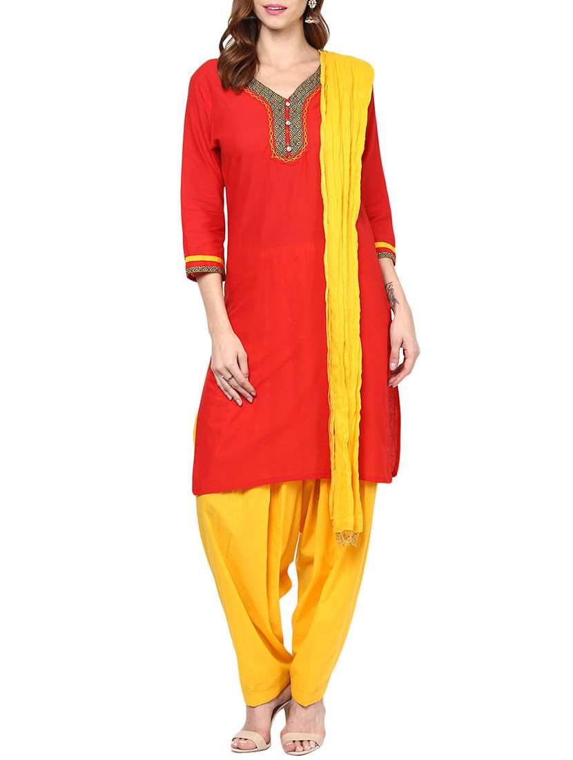 red cotton stitched patiyala suit