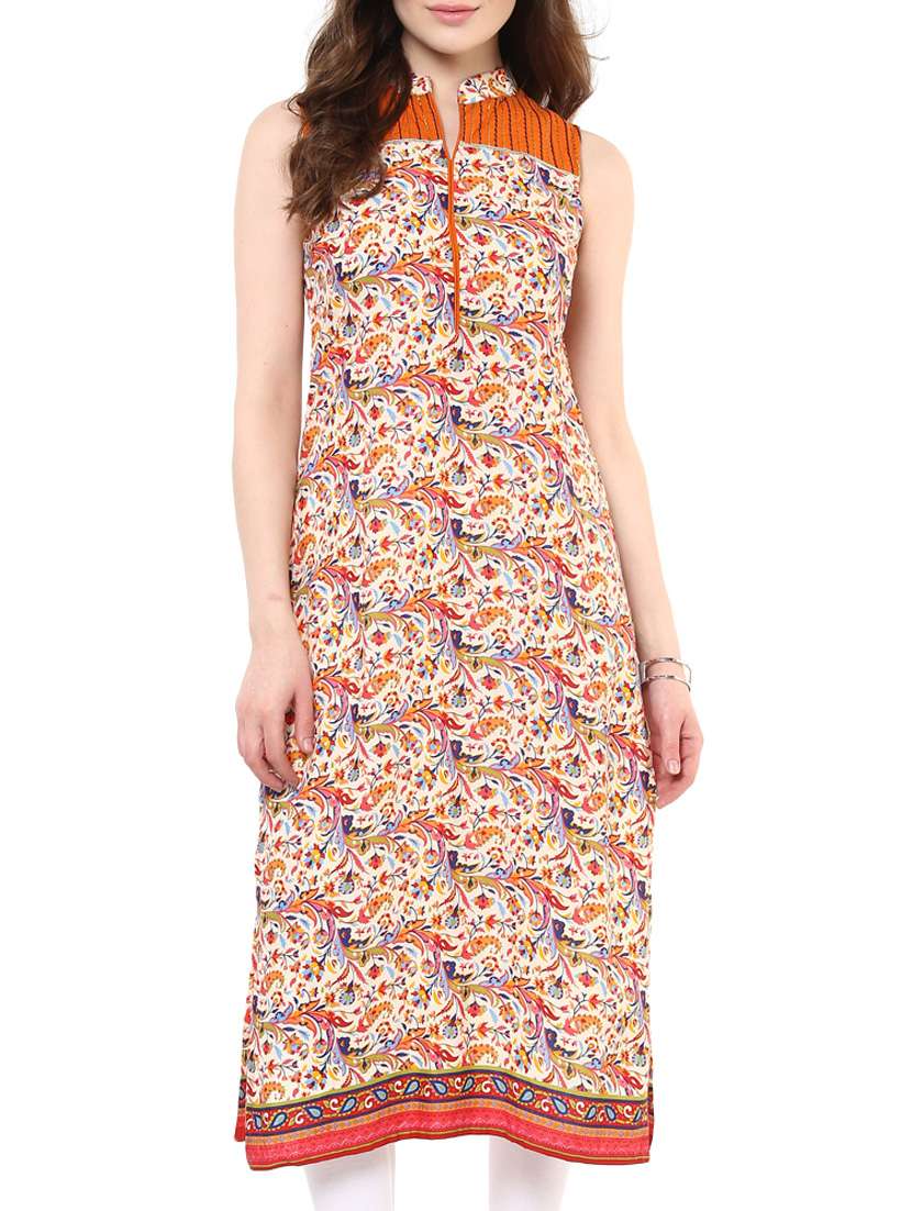 orange printed cotton kurta
