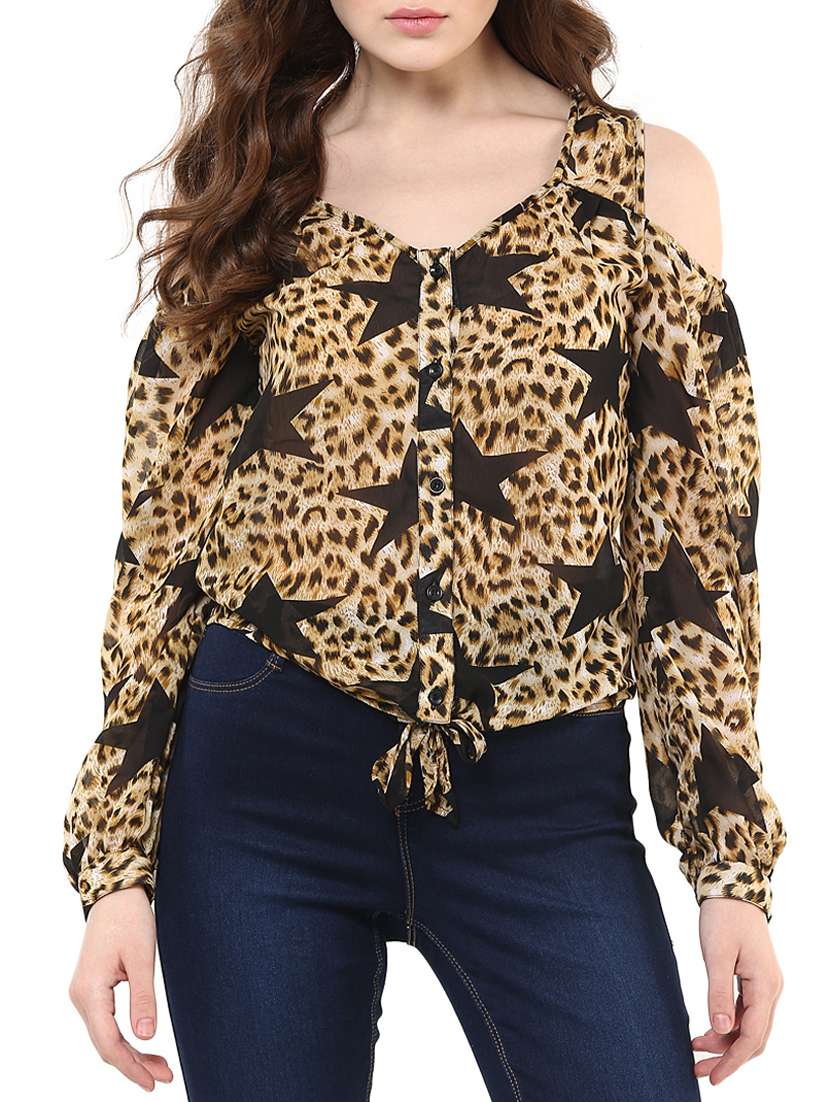 beige & black printed knot detailed top