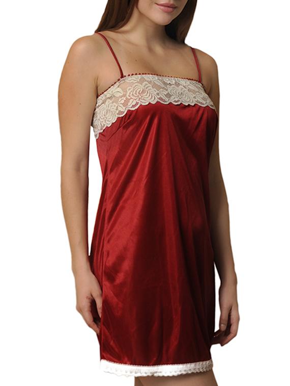 solid maroon laced satin night dress - 11324239 - Standard Image - 1