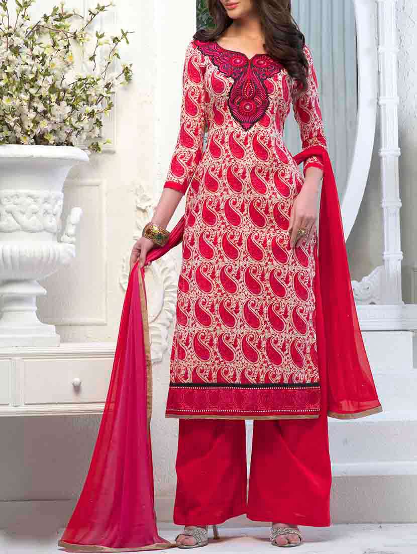 red cotton unstitched suit