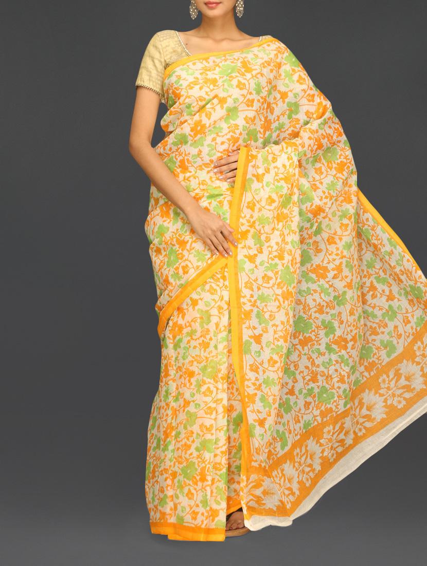 Yellow Floral With Leaf Printed Kota Saree - Komal Sarees
