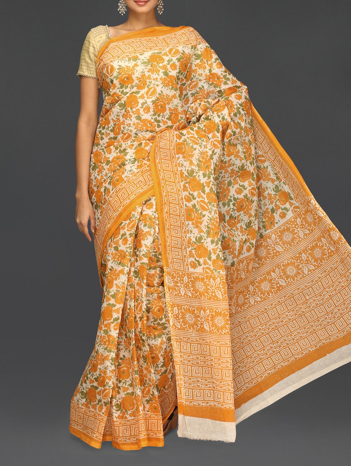 Orange Floral With Leaf Printed Saree - Komal Sarees