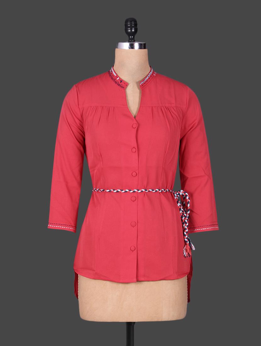 Red Hi-Lo Shirt With Rope Belt - By