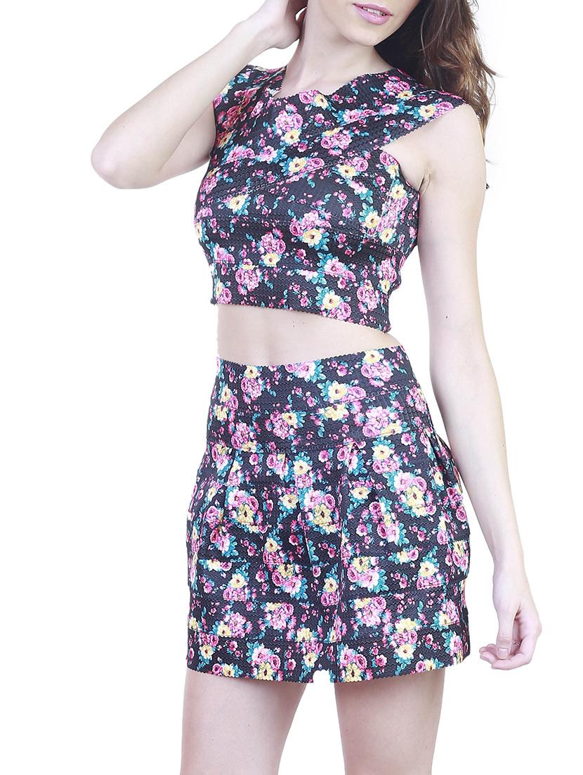 navy blue floral printed viscose crop top and skirt set - 11355749 -  Standard Image - 1