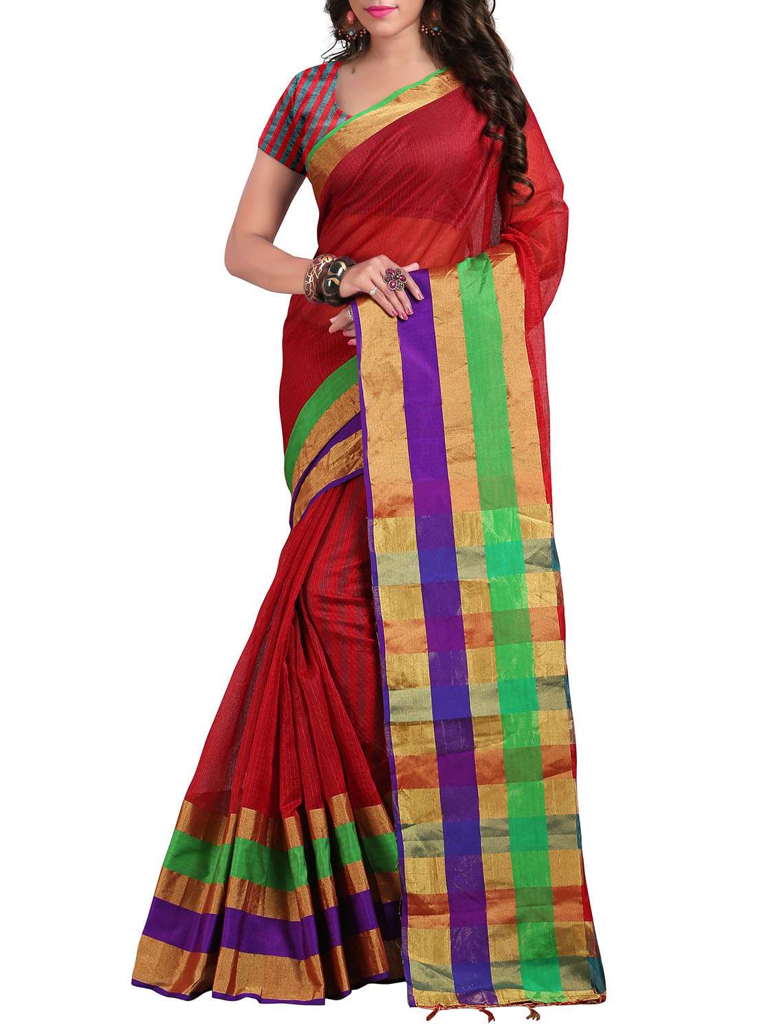 red cotton blend saree with blouse