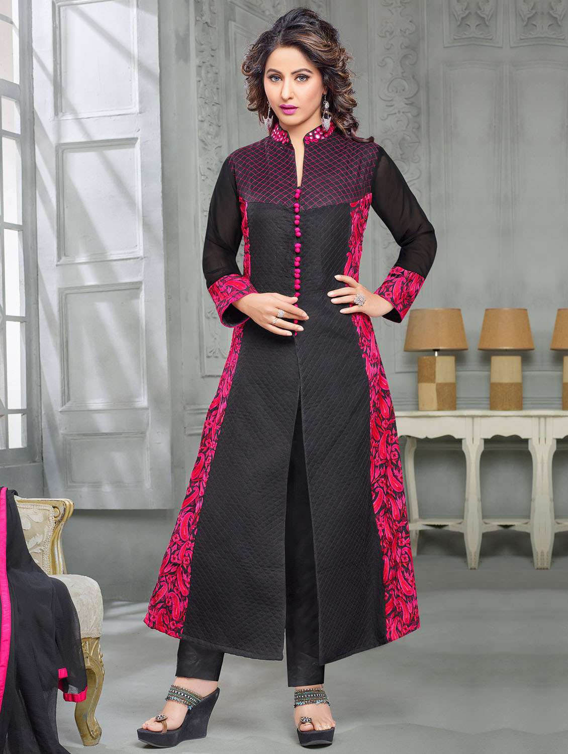 black paisley embroidered georgette unstitched suit set