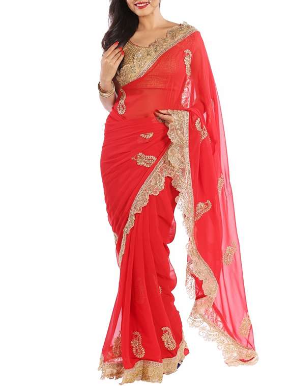 red embroidered georgette saree with blouse