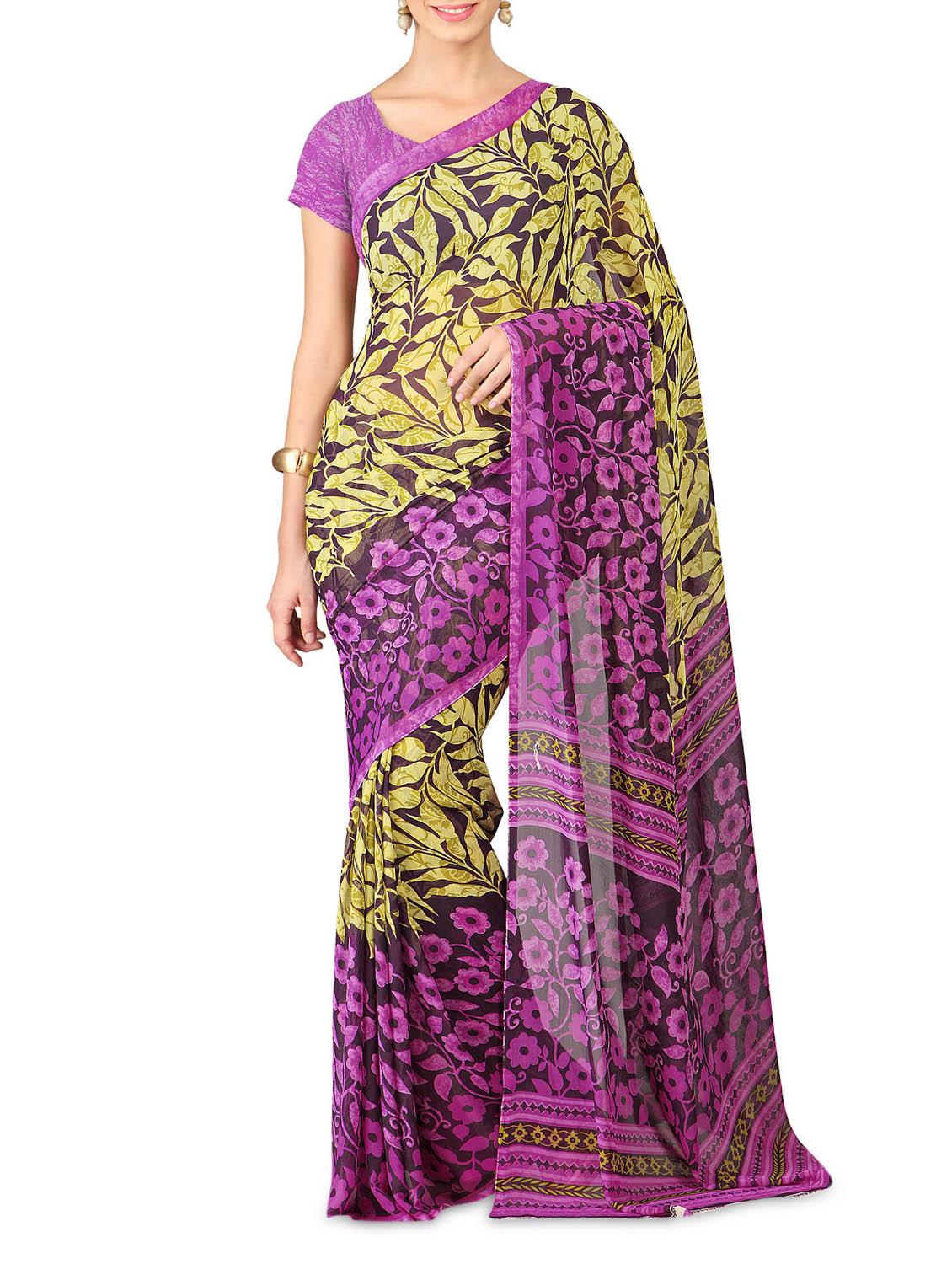 Floral And Leaf Printed Georgette Saree - Sumanjee