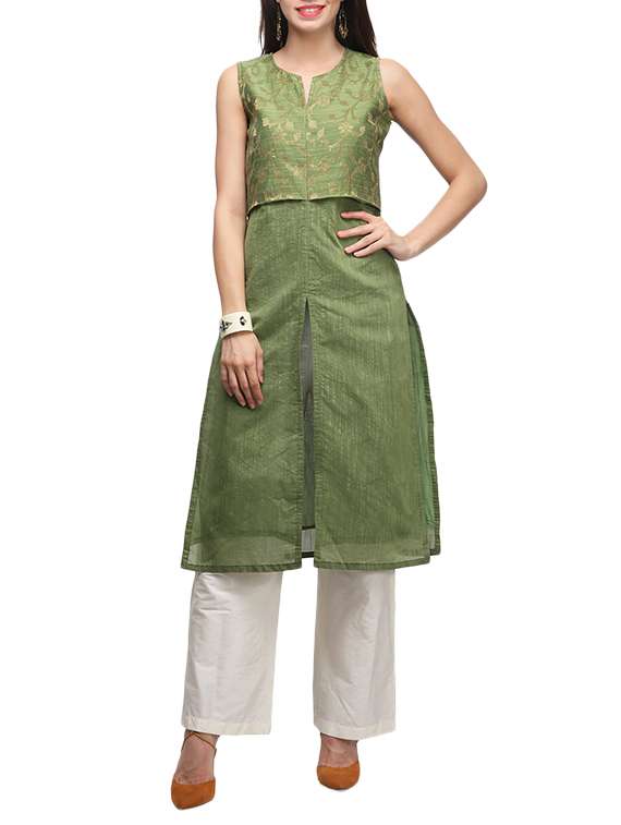 green silk high slit kurta