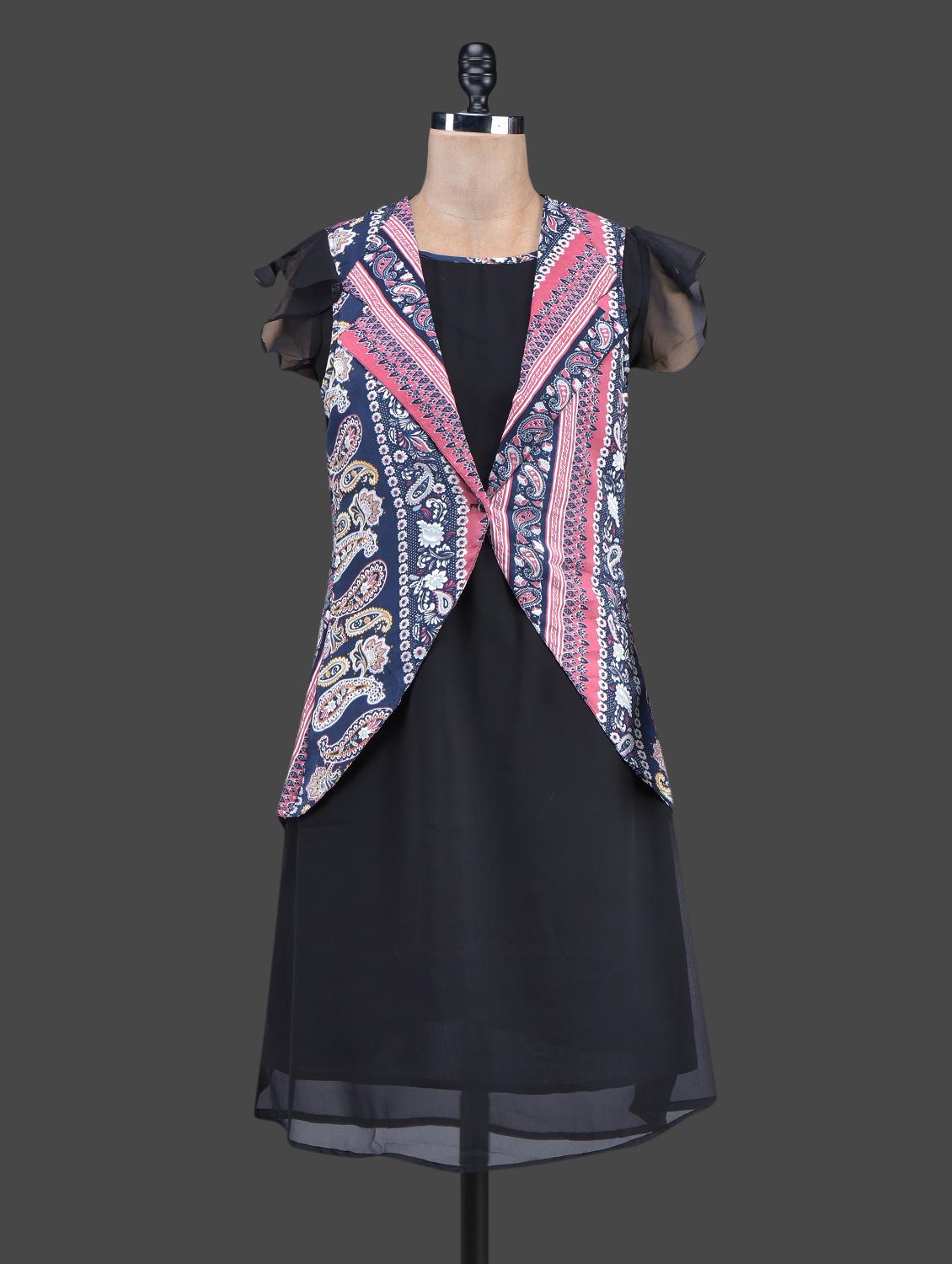 Black Dress With Paisley Printed Coral Jacket - Ayaany