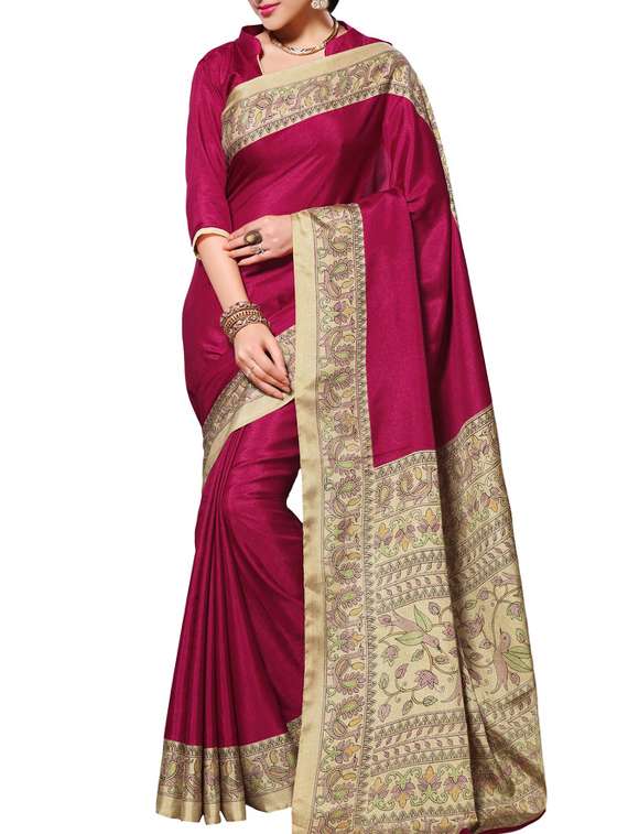 magenta art silk  printed saree with blouse