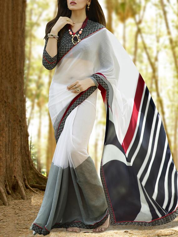 white half & half georgette saree with blouse