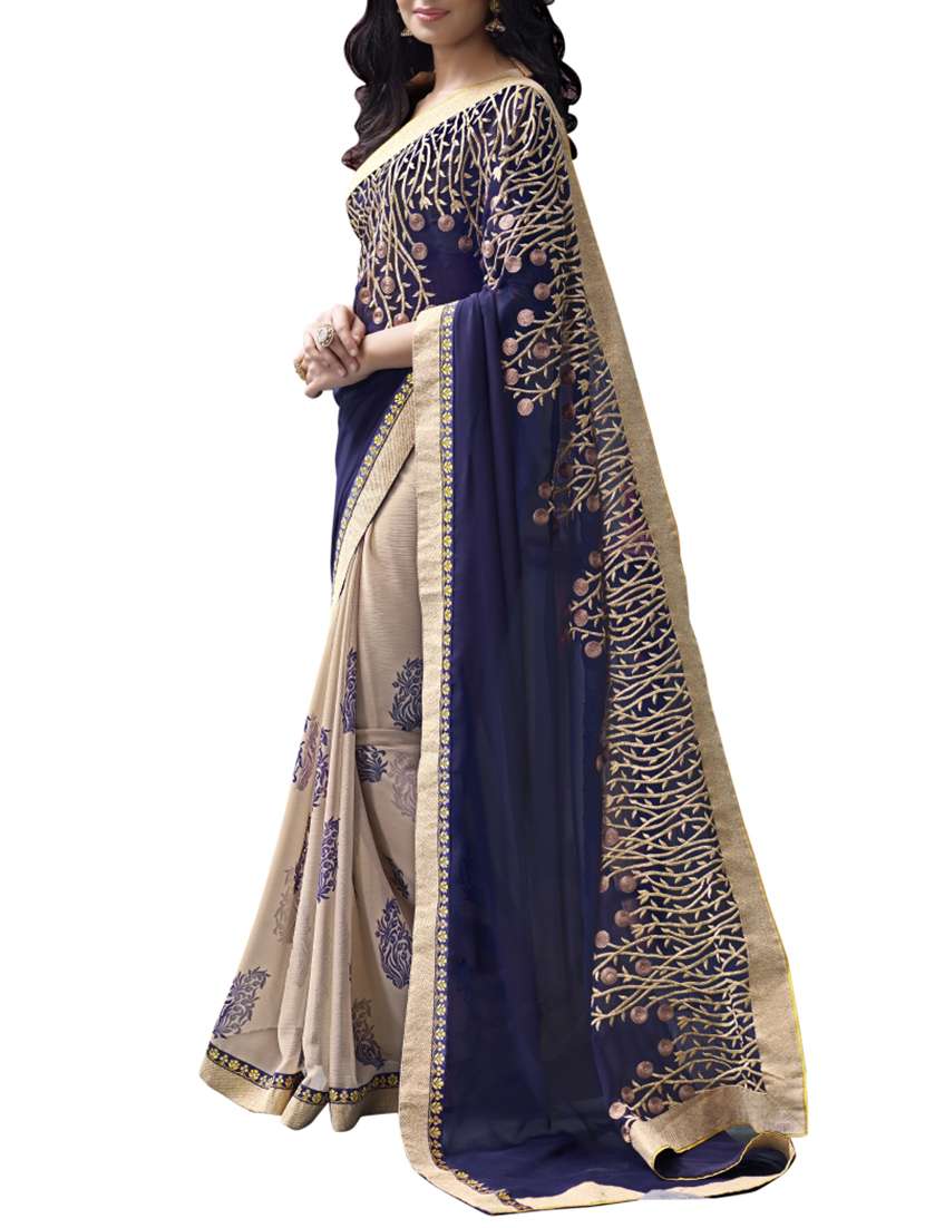 beige georgette embroidered half and half saree
