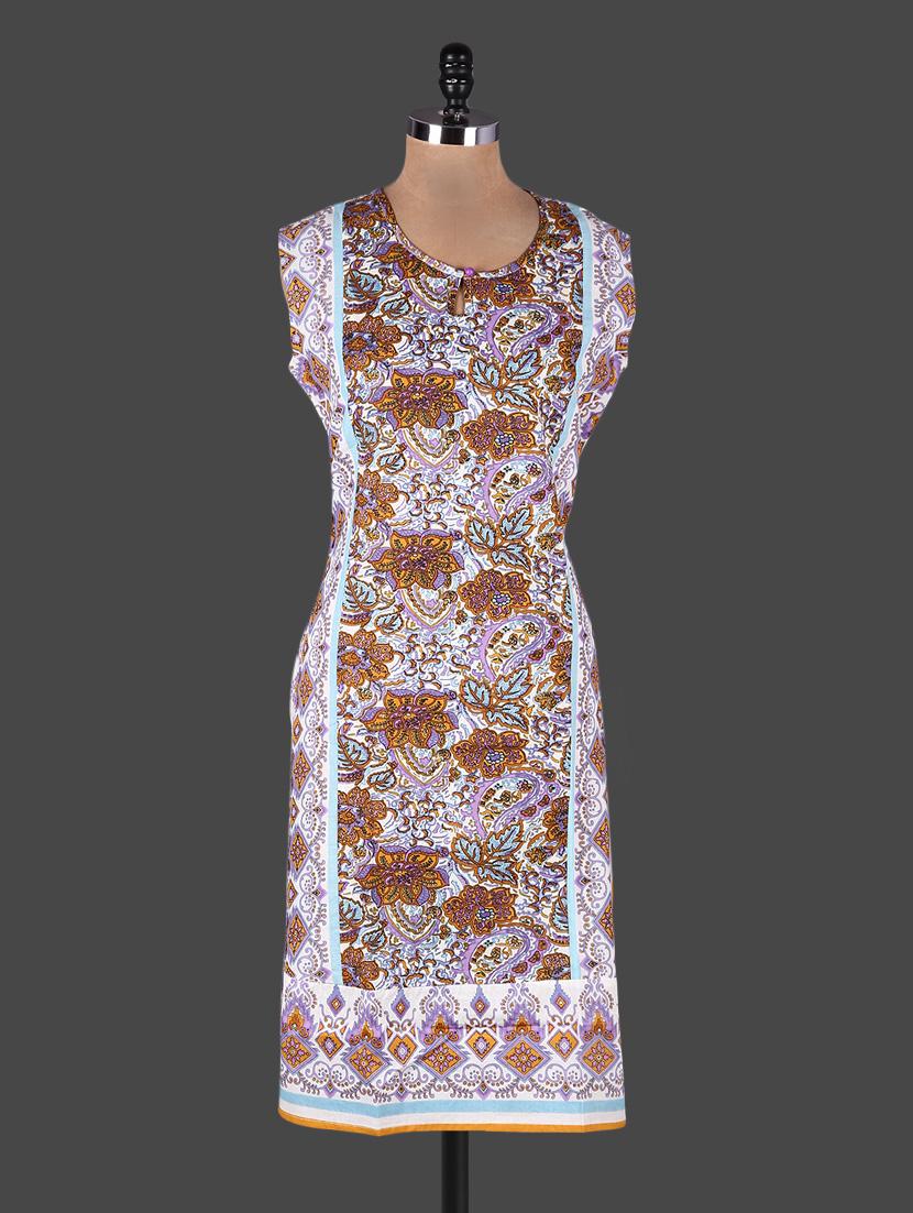 Floral With Leaf Printed Cotton Kurta - Rain And Rainbow