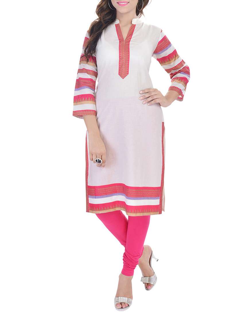white and pink printed cotton kurta