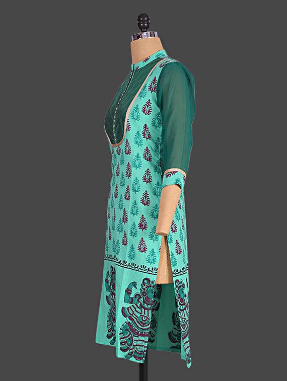 mandarin collar ethnic block printed cotton kurta - 1143597 - Standard Image - 1