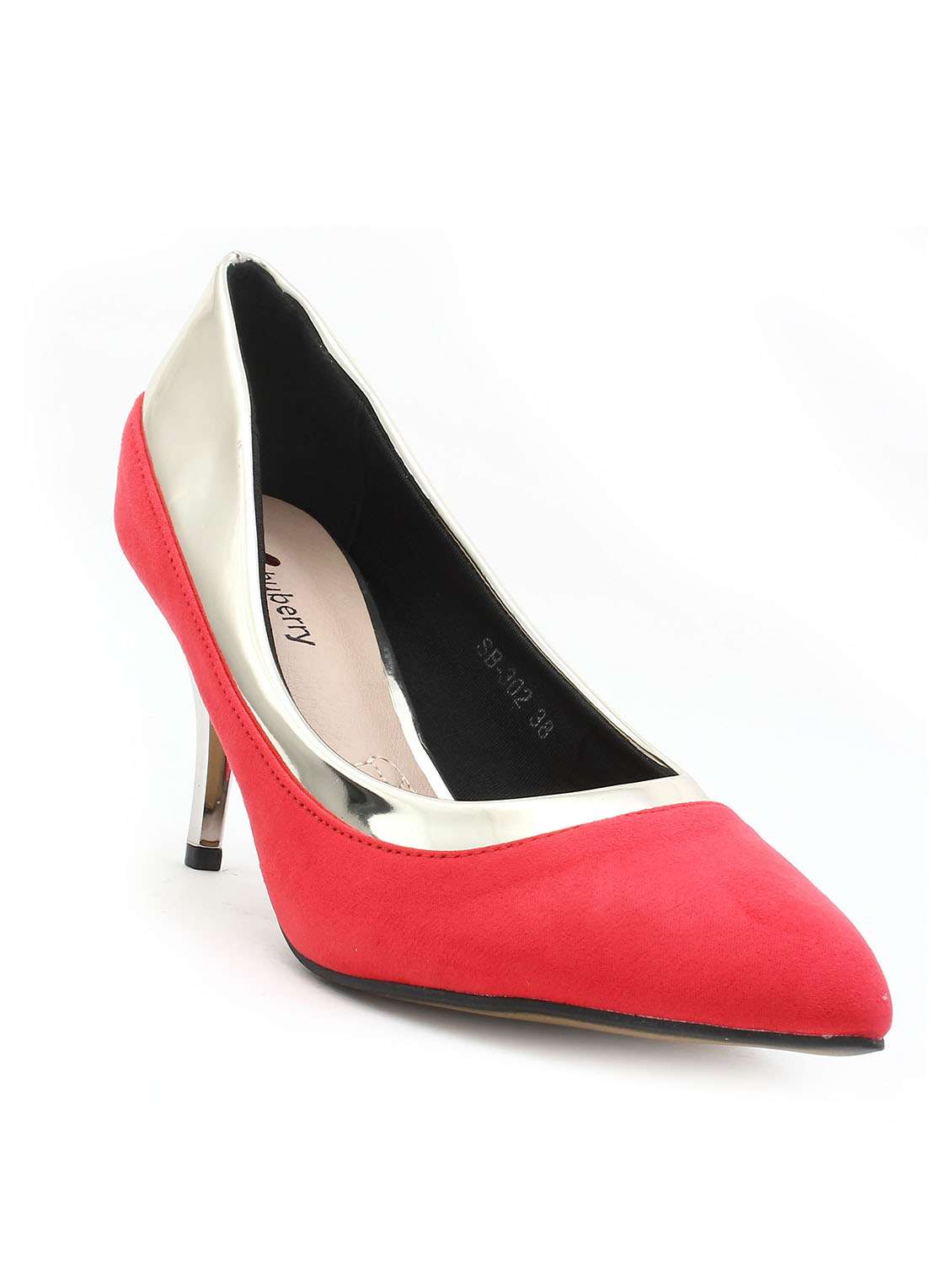 red synthetic slip on pumps