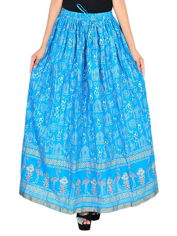 home shop gift sky blue cotton gold printed long skirt