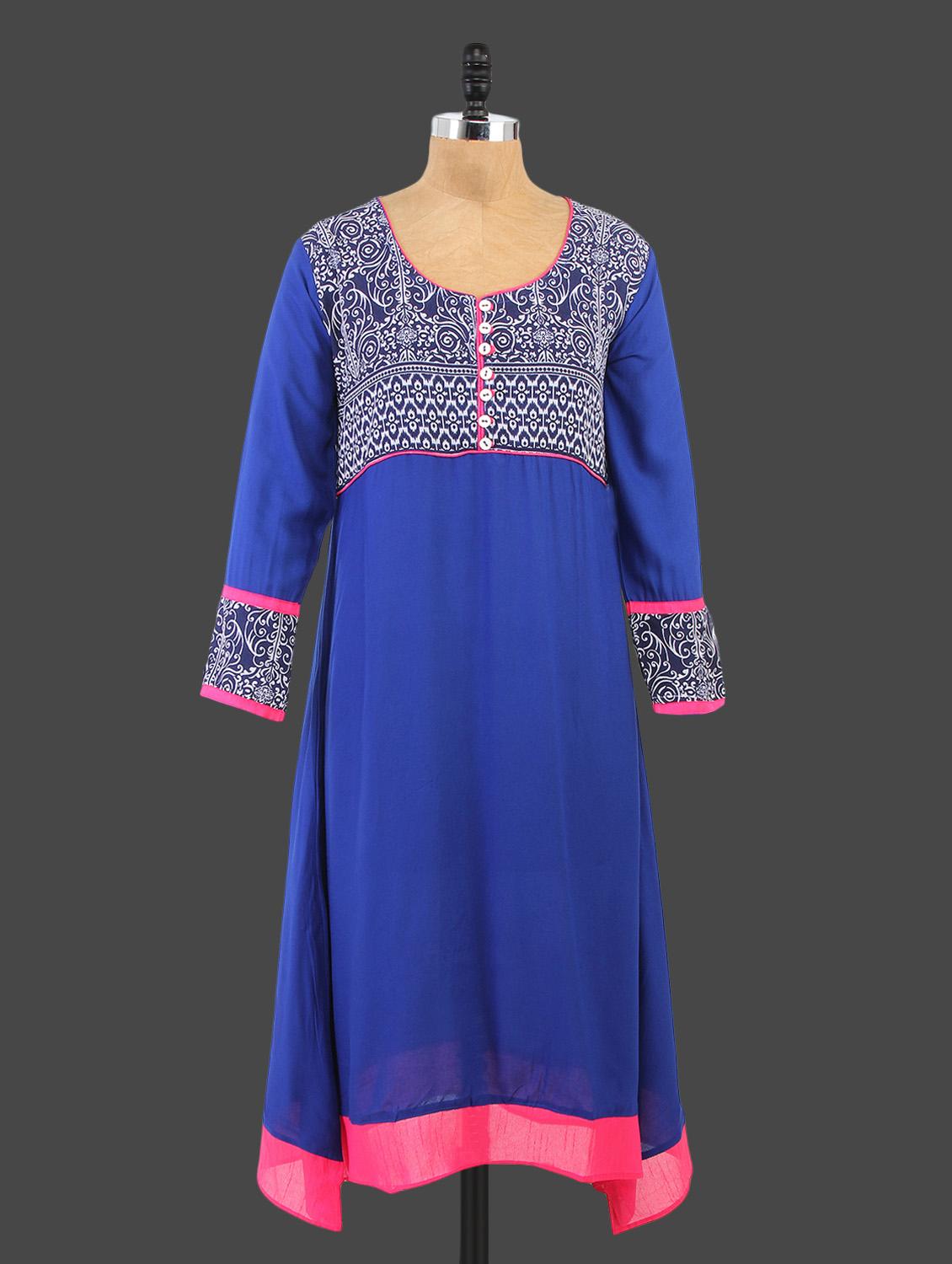 Blue Round Neck Printed Kurta - By