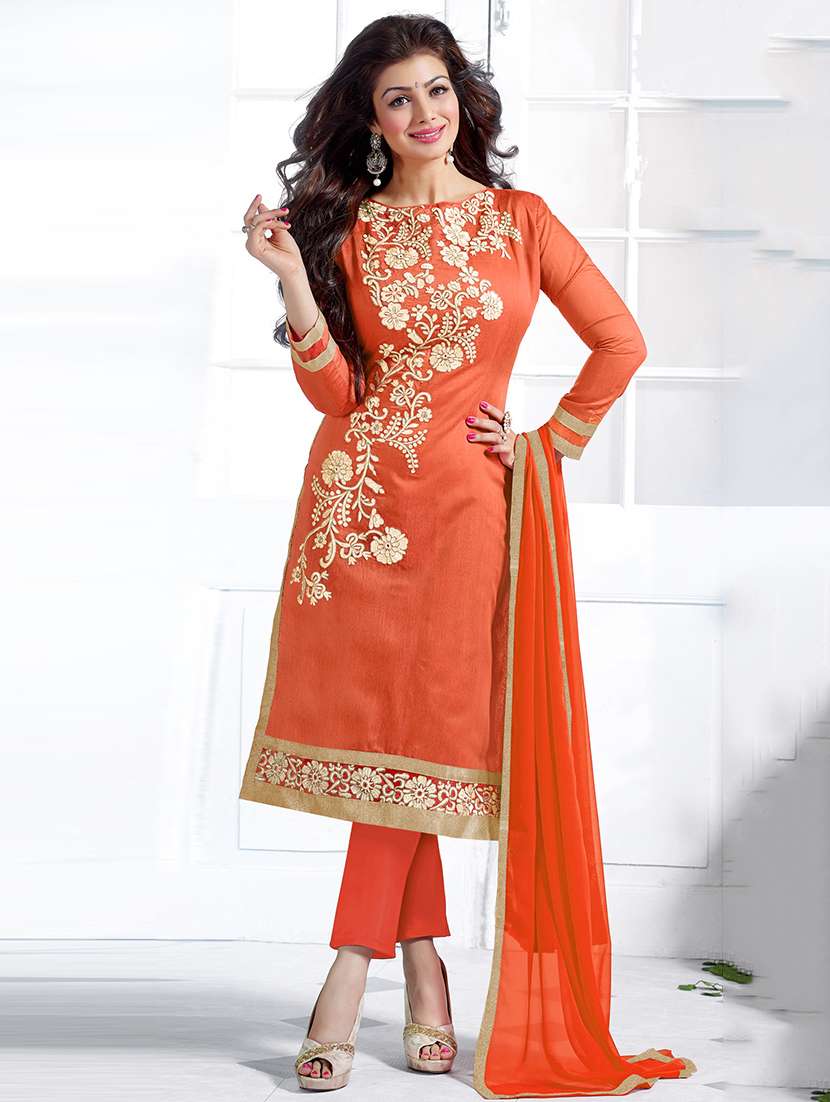 orange chanderi cotton unstitched suit