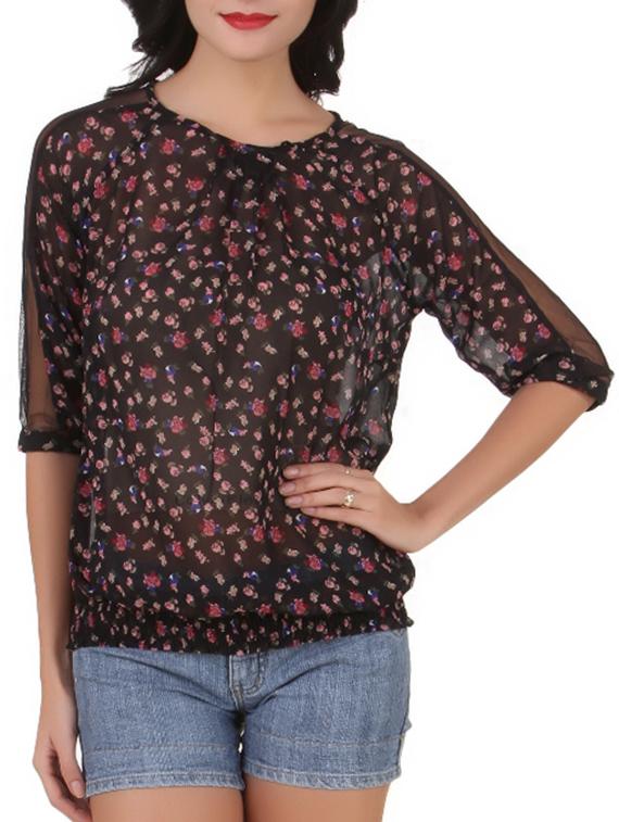 Quarter Sleeves Floral Print Poly Georgette Top - Silk Weavers