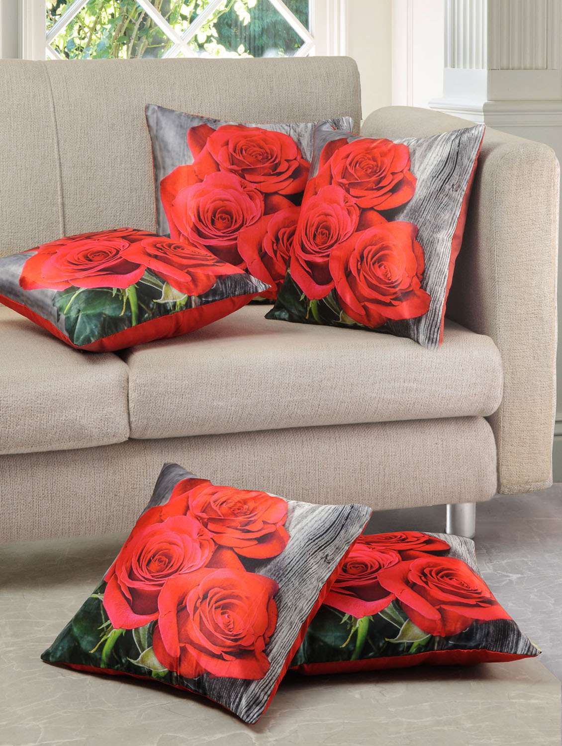 red polysilk printed cushion cover (set of 5)
