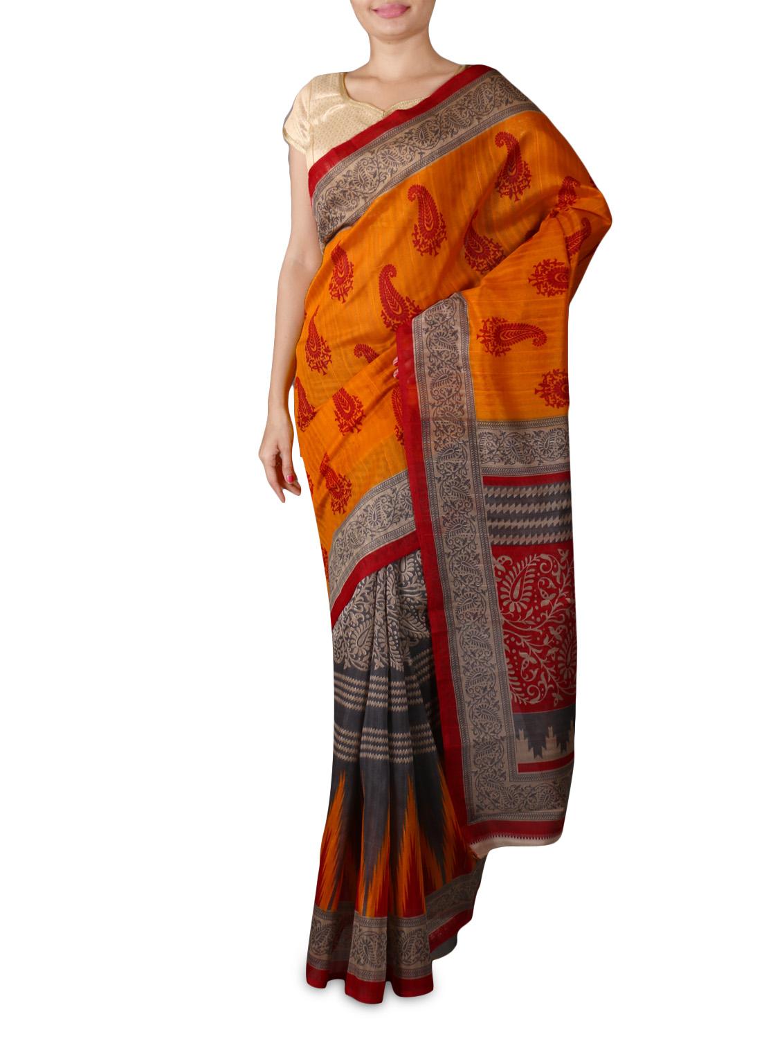 Orange And Grey Printed Silk Saree - By