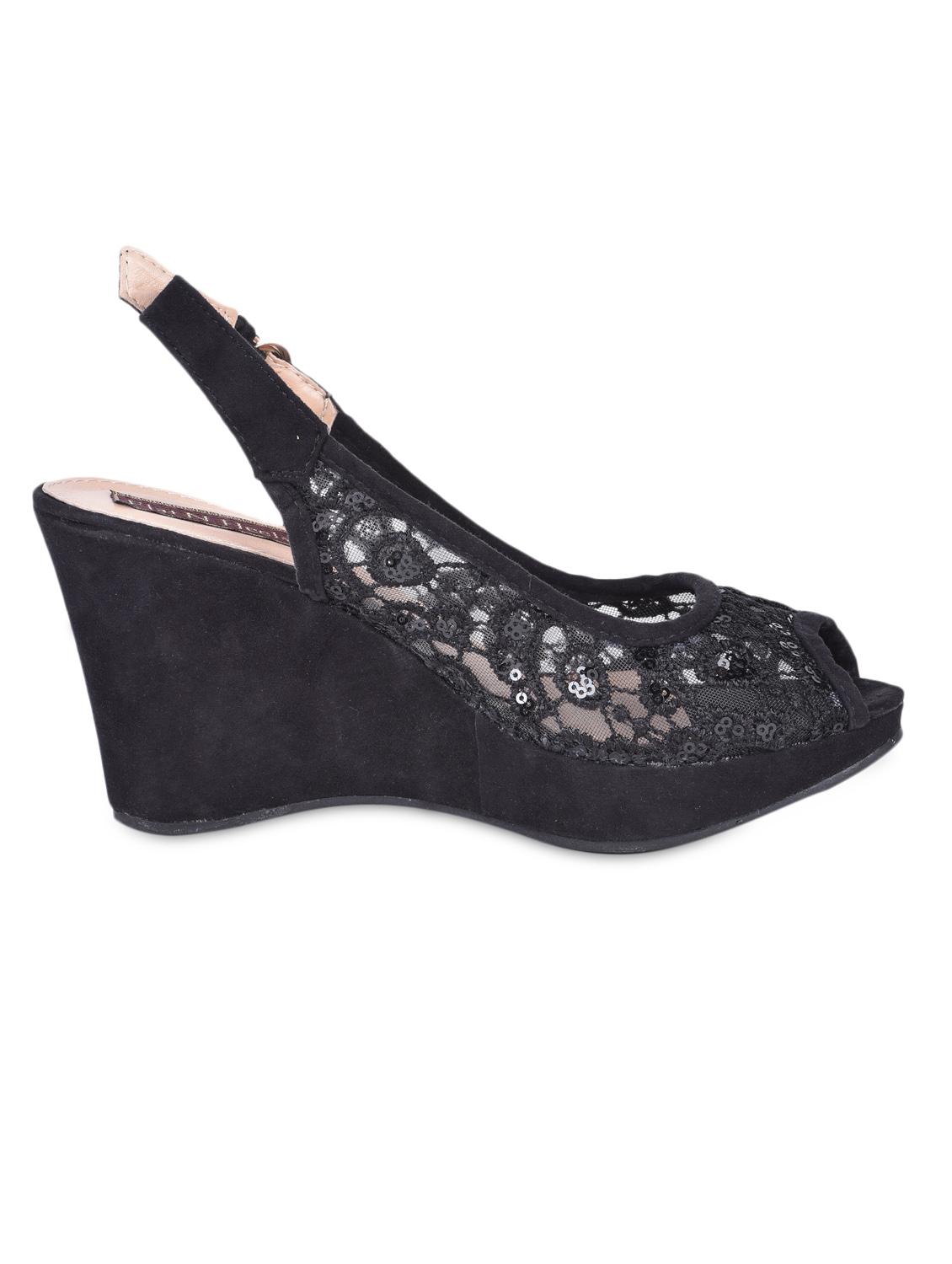 Sling Back Peep Toe Black Lace Wedges - Flat N Heels