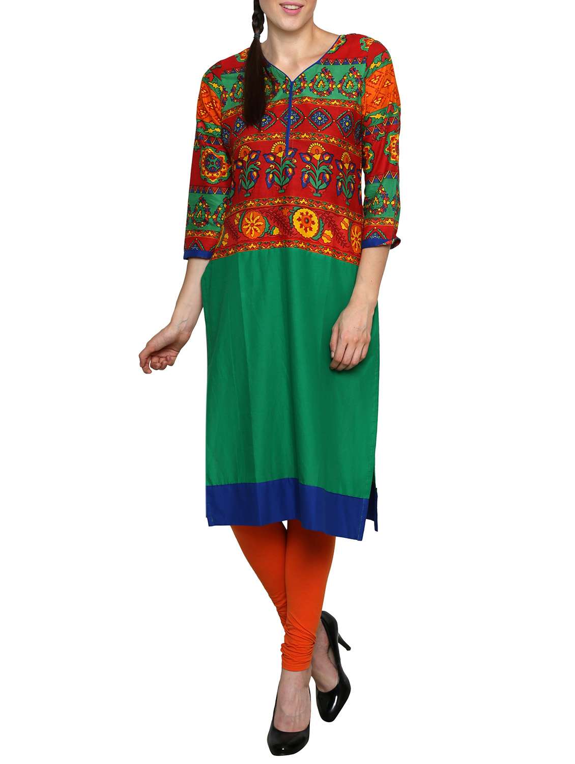 green printed cotton kurta