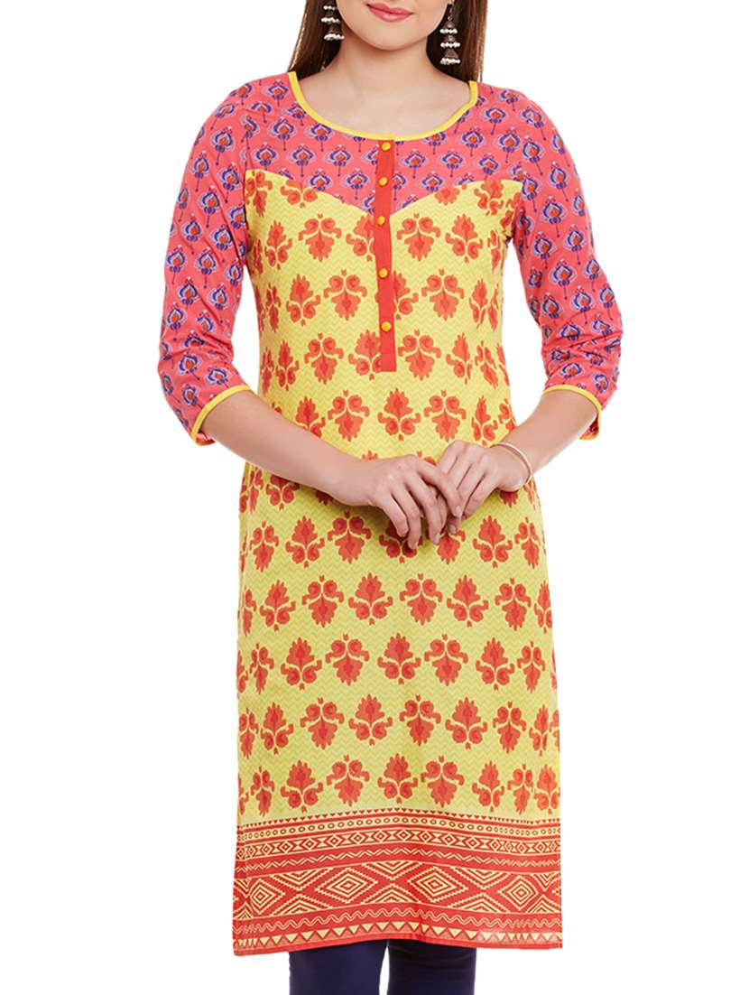 yellow and pink printed cotton kurta