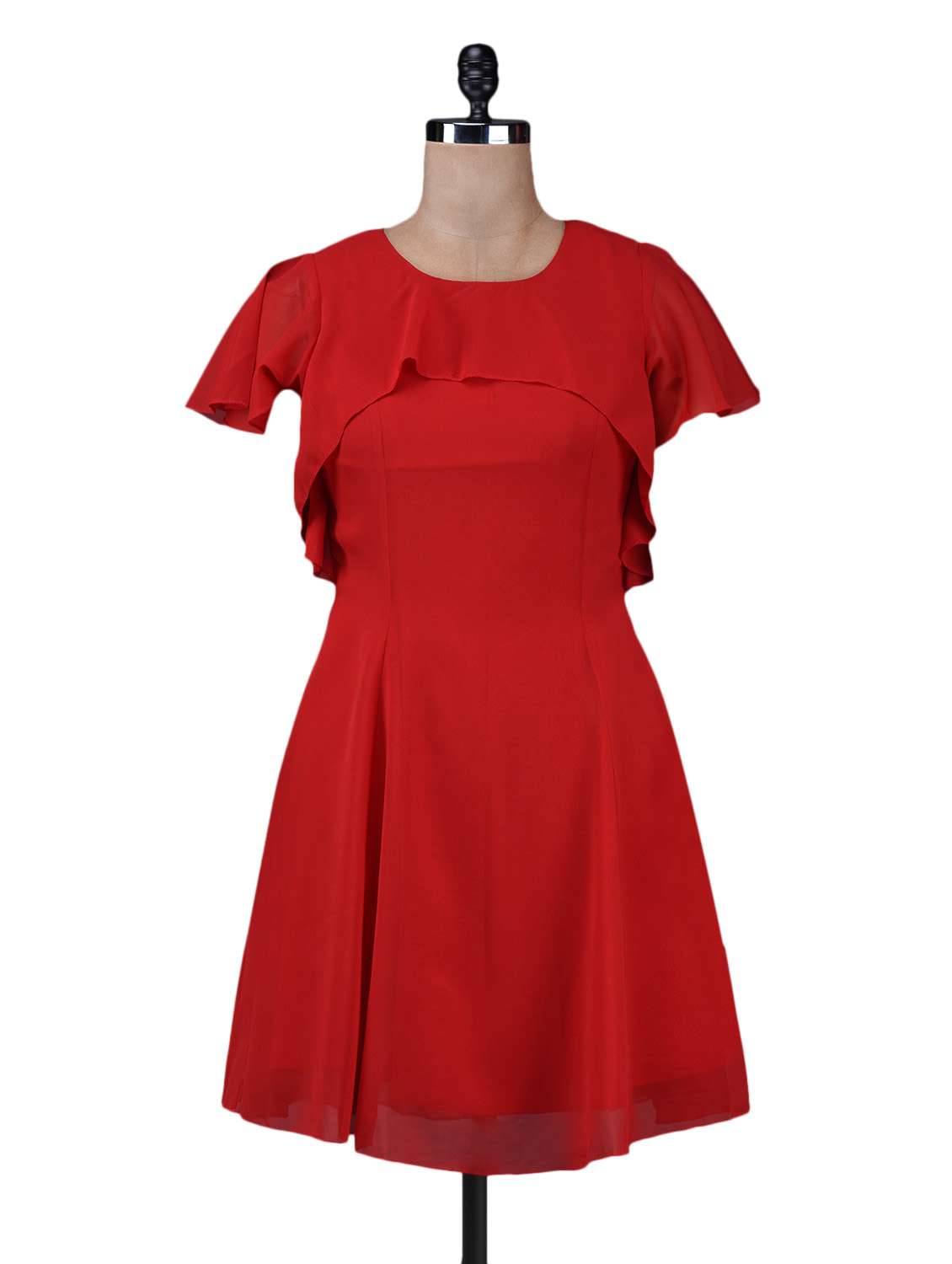 red poly georgette dress with layered yoke