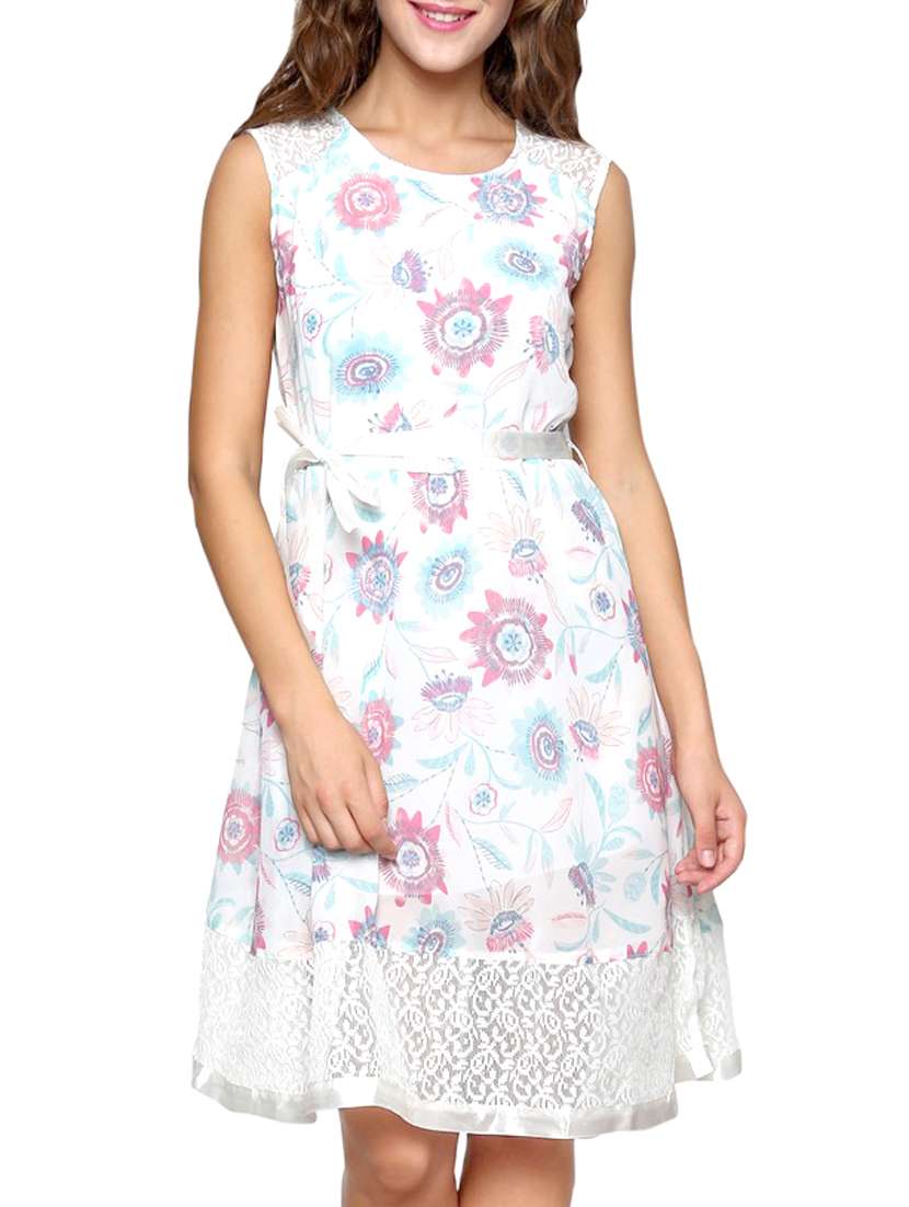 white georgette fit & flare dress