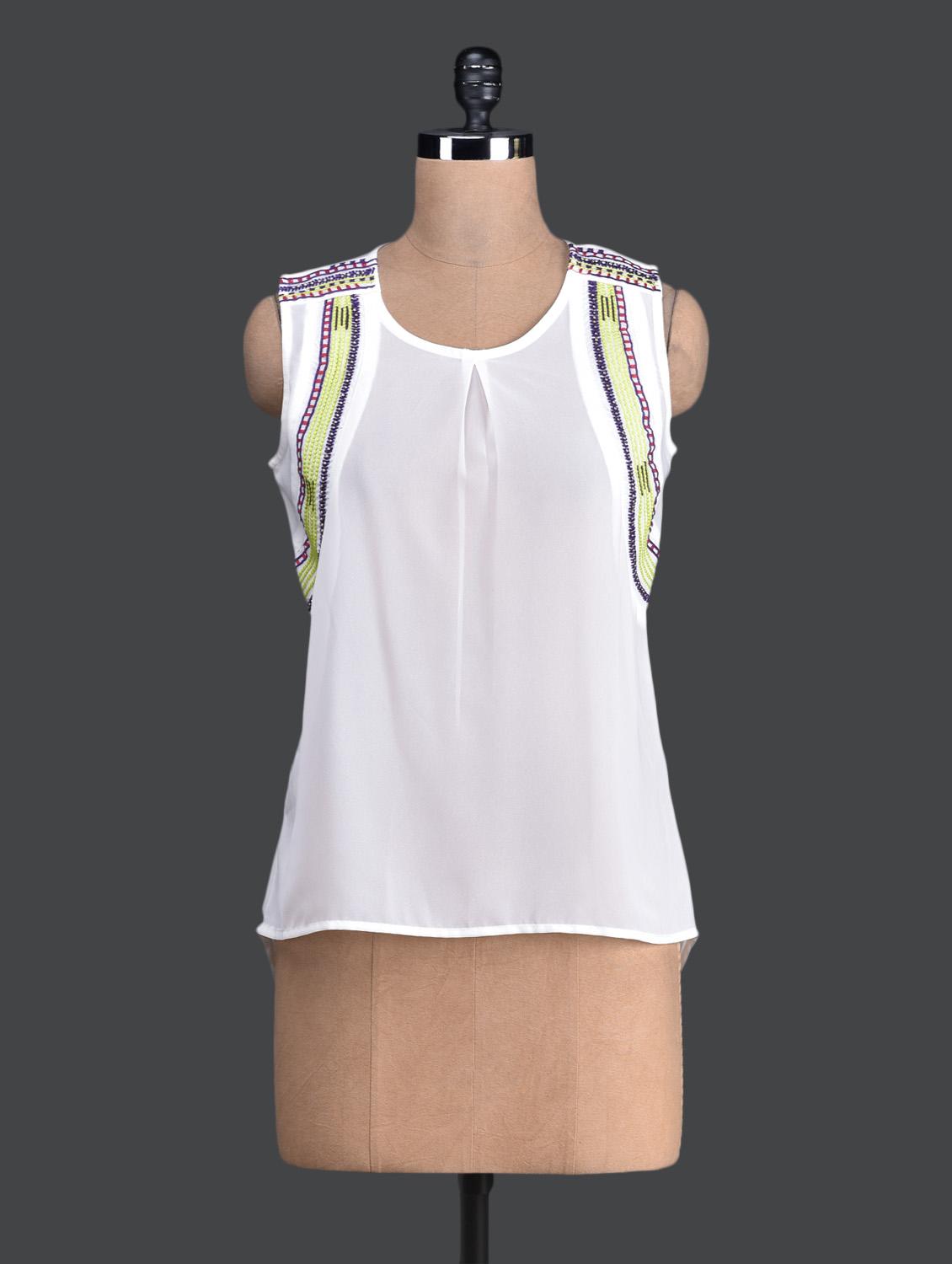 Round Neck Sleeveless White Georgette Top - Label VR
