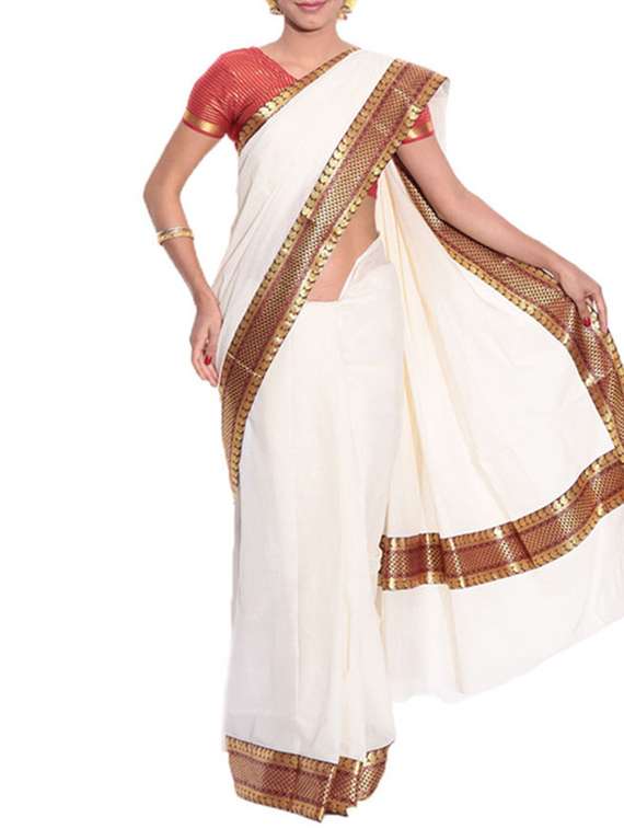 white cotton kasavu saree with blouse