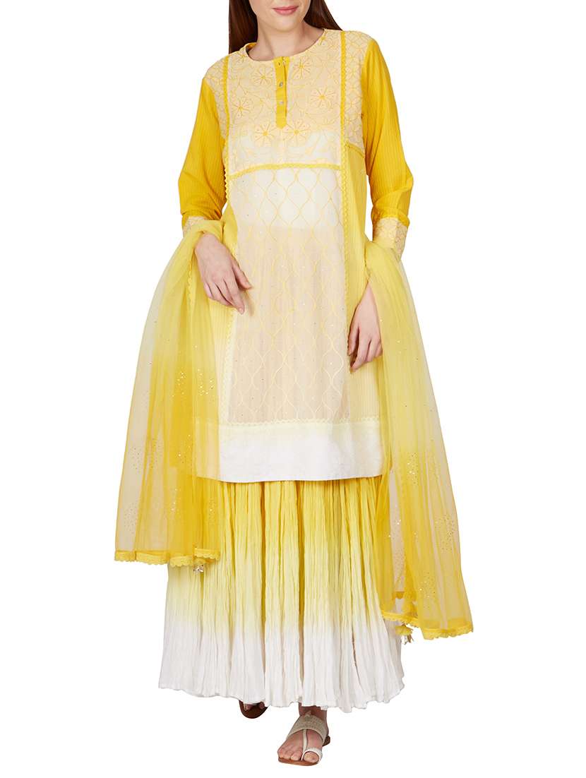 yellow embroidered cotton stitched suit set