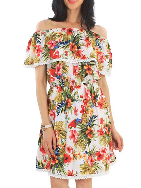 white floral print off shoulder dress